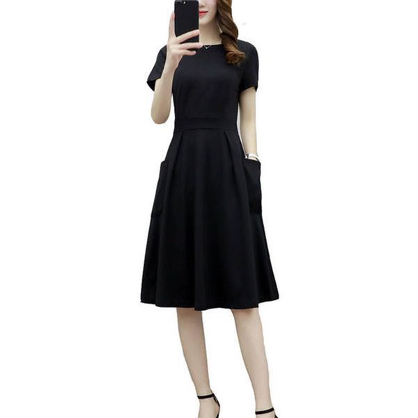 

short sleeve summer middle waist gifts slim fit women dress large size solid simple a line elegant casual fashion crew neck, Black;gray