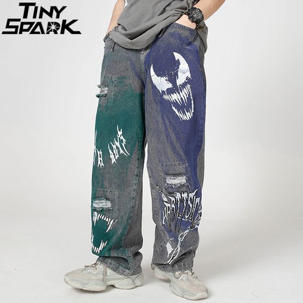 

2020 хип-хоп джинсовые брюки дьявол граффити мужская уличная одежда harajuku мешковатые джинсовые брюки спрей краска шаровары осень хипстер, Black