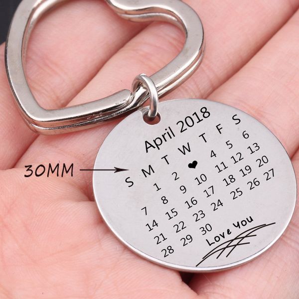 

engraved calendar keychain love you personalized special date gift for couple lovers' wedding anniversary key ring holder, Silver