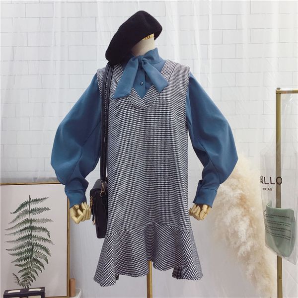 

2019 new fashion women's clothing winter set corduroy shirt plaid vest dress two-piece, White