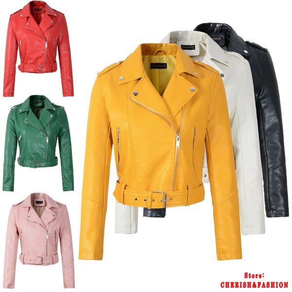 

new arrival brand winter autumn green motorcycle leather jackets yellow leather jacket women coat slim pu jacket, Black