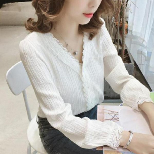 

autumn 2019 women white blouse casual korean lace shirt long sleeve v-neck elegant office shirt streetwear vintage ladies