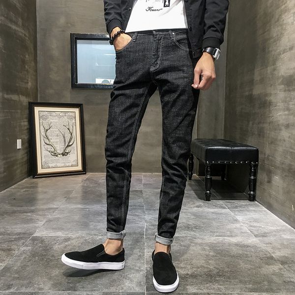 

skinny jeans men's slim fashion pure black jeans men's cotton stretch denim pencil pants, Blue