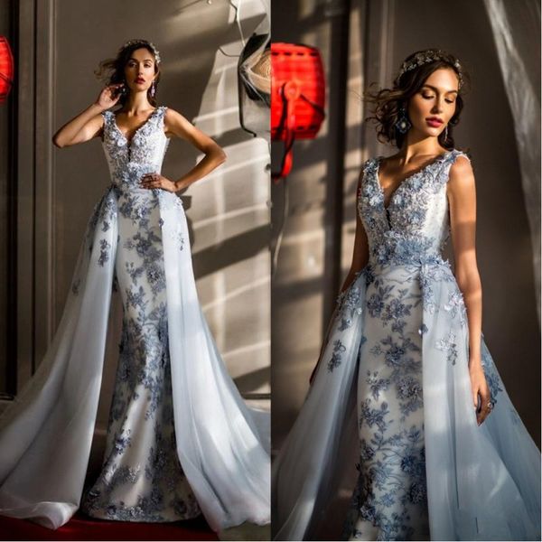 

2019 modest mermaid beaded evening dresses with detachable skirt plunging neck 3d appliqued prom gowns organza plus size formal dress