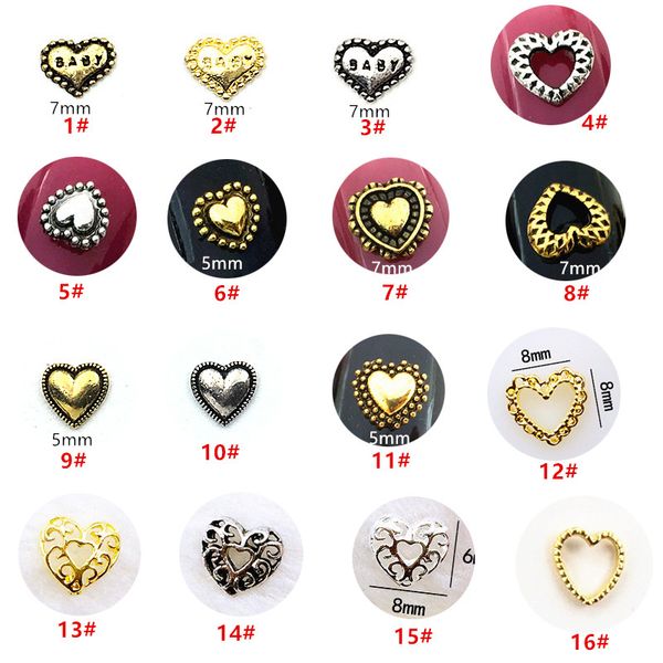 

50pcs/pack japan 3d nail art decorations metal nail accessories alloy retro heart parts diy charm alloy supplies, Silver;gold
