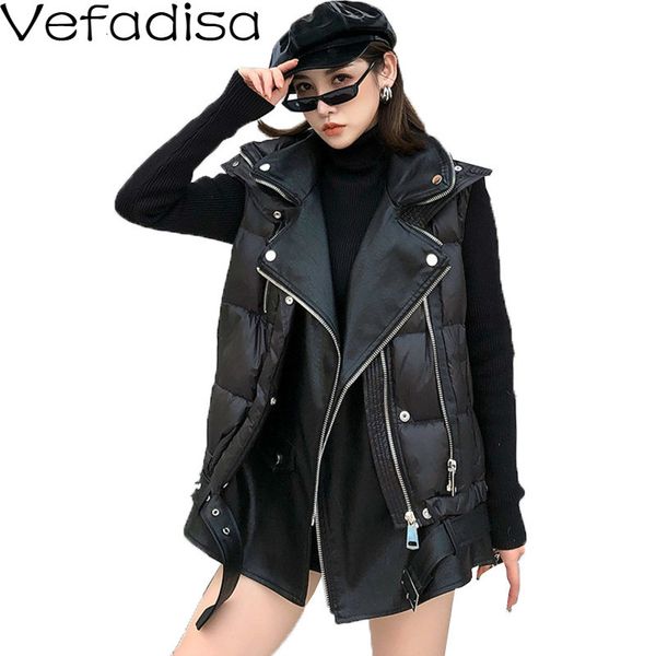 

vefadisa pu patchwork vest coat woman 2019 open stitch vest coat turn-down collar pockets sashes winter loose black qyf1280, Black;white