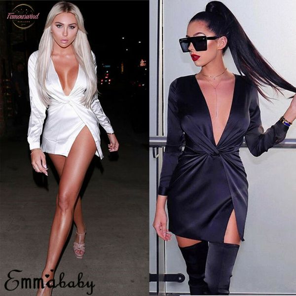 

2020 new satin dress womens v neck bandage bodycon club evening party short mini long sleeve wrap dress black white, Black;gray