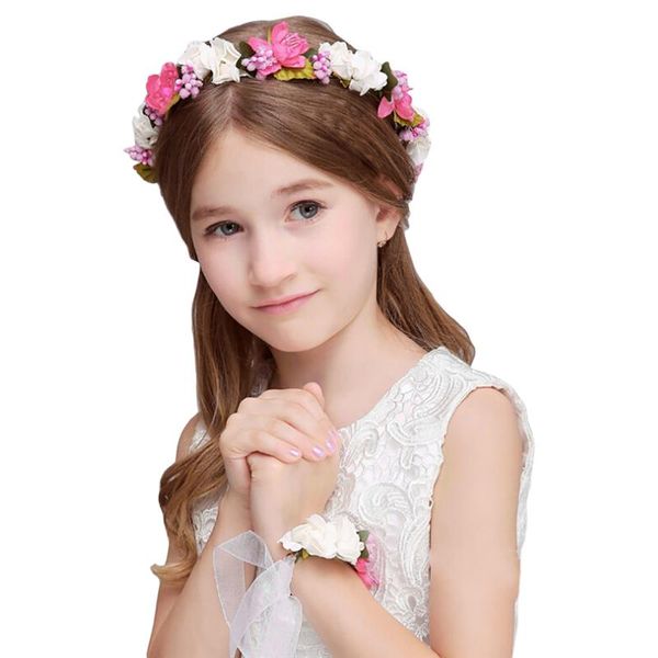 

girls wedding flower crown wreath bohemian vine adjustable yarn garland sweet hair bands accessories with wrist corsage, Slivery;white
