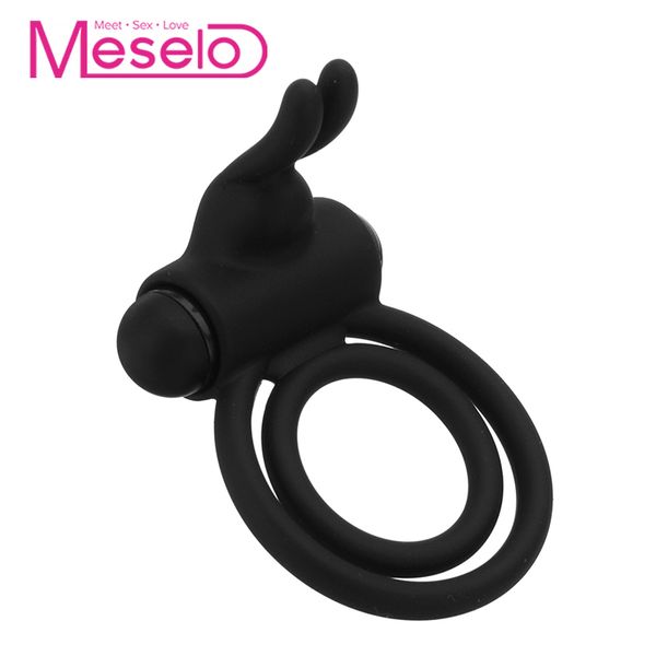 Meselo Double Ring für Männer Penis Vibrator stimulieren Klitoris Silikon Kaninchenohren Vibrierende Cockring Zeitverzögerung Sexspielzeug für Männer Y19062702