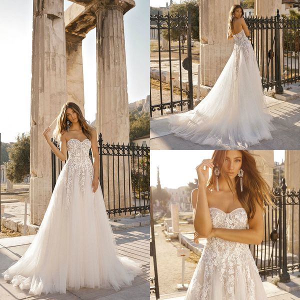 

2019 berta bohemian wedding dresses sweep train a line lace appliqued sweetheart beach wedding dress custom boho country bridal gowns, White