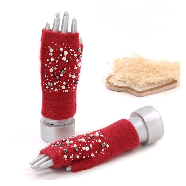 

winter kitted mitten plush gloves women short finger half gloves ladies half cover female printed snow, Blue;gray