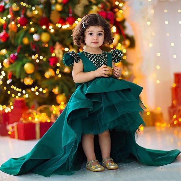 

hi lo girls pageant dresses jewel neck cap sleeves beaded flower girl dresses toddlers teens back bow birthday party communion dress, White;red