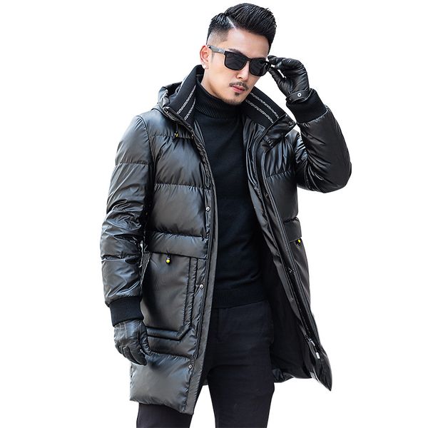 

bright surface down jacket men's 2019 winter new style men's down jacket mid-length hooded thick warm wear, Black