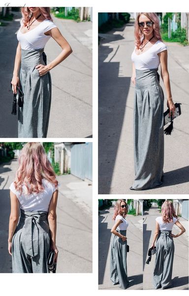 

leg zipper pants women wide fly loose trousers women high waist belted grey box pleated palazzo pants, Black;white