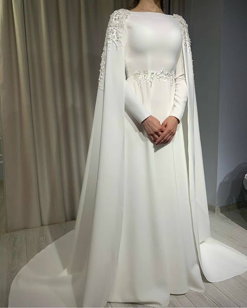 

white long sleeve a line arabic dubai wedding dress with cape lace appliques plus size satin vestido de novia women bridal gowns