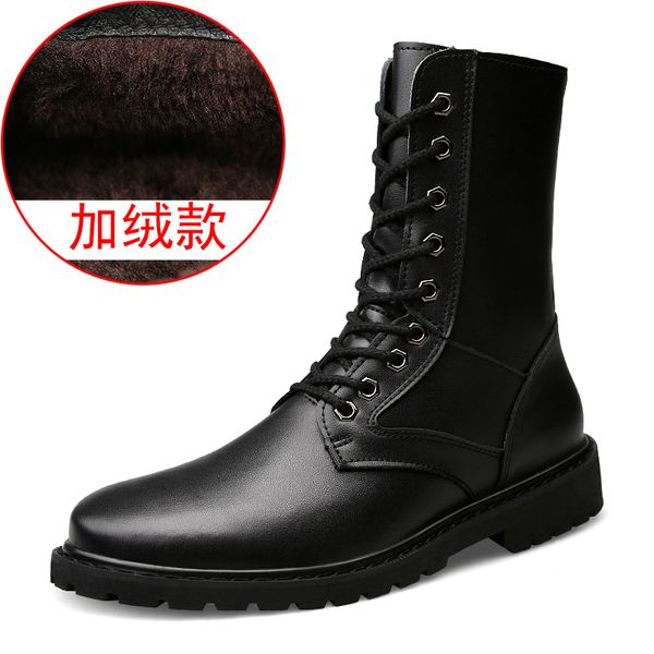 

retro combat boots winter plush british style real leather boots charm low heels snow men, Black