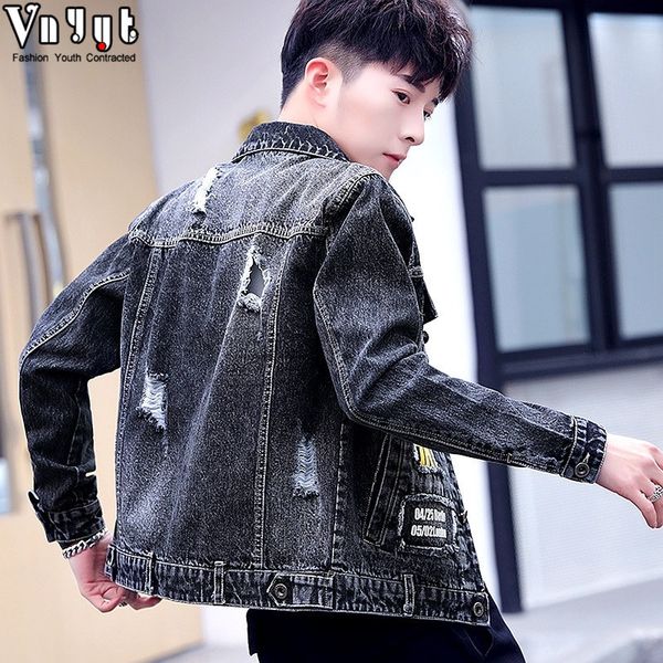 

men's leisure hole jacket adolescent students denim garment printing coat boys coats and jackets sale 2020, Black;brown