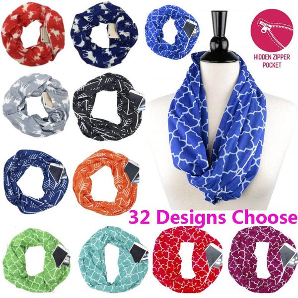 

new women infinity scarves with zipper pocket lightweight arrow star elk print ring scarves storage bib christmas party favor gift fa2523