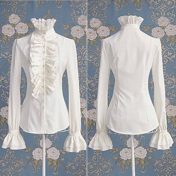 

women ladies blousers ruffles lolita floral stand collar shirt medieval blouses gothic lolita blouse victorian women retro shirt, White