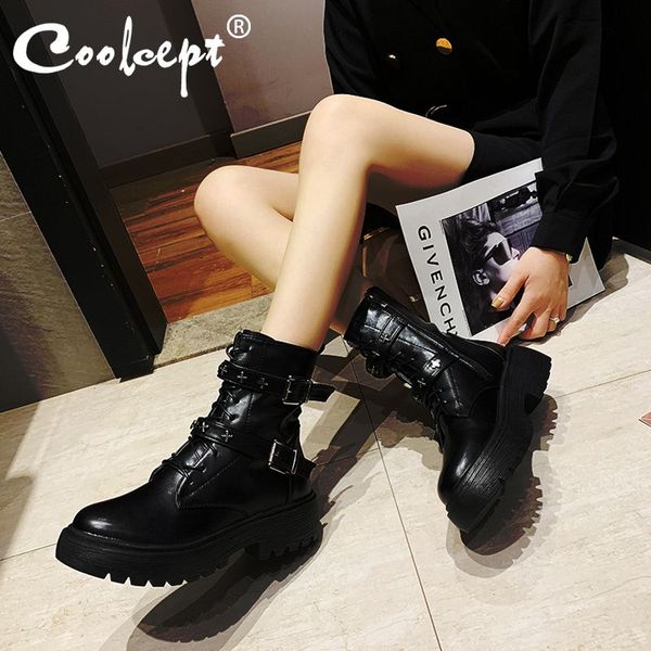 

coolcept ladies new women ankle boots fashion platform buckle shoes women dressing thick heel mujer zapatos size 35-40, Black