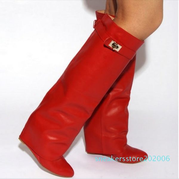 

2019 stylish winter wedge boats for women pointed toe knee high boots height increasing ladies motorcycle booties snow boots s06, Black