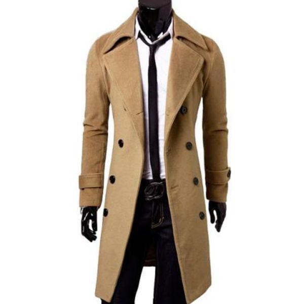 

fashion men trench coat warm thicken jacket woolen peacoat long overcoat new, Black