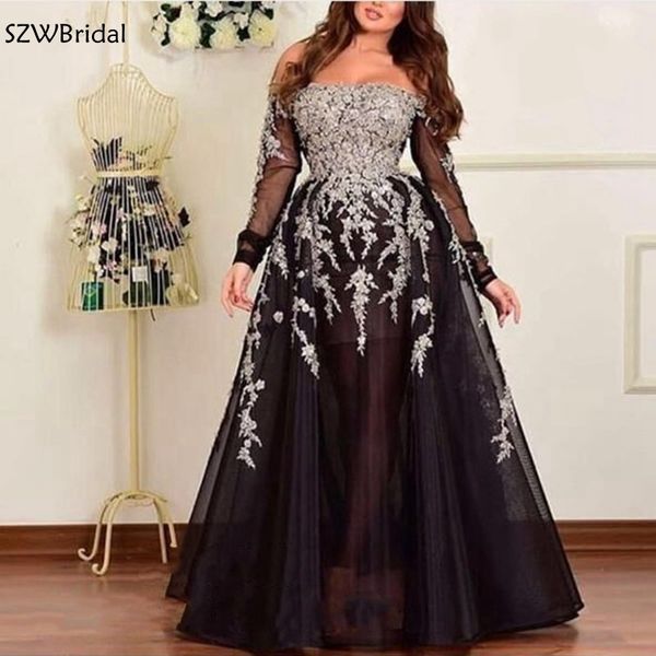 

new arrival black long sleeve evening dresses 2019 arabic evening dress party lace beading gowns, White;black