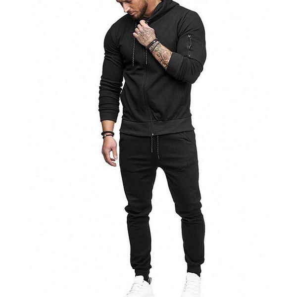 

vertvie men drawstring sportwear set fashion solid sweatshirt&pants tracksuit casual zipper hoodies outwear clothes 2019, Black;blue