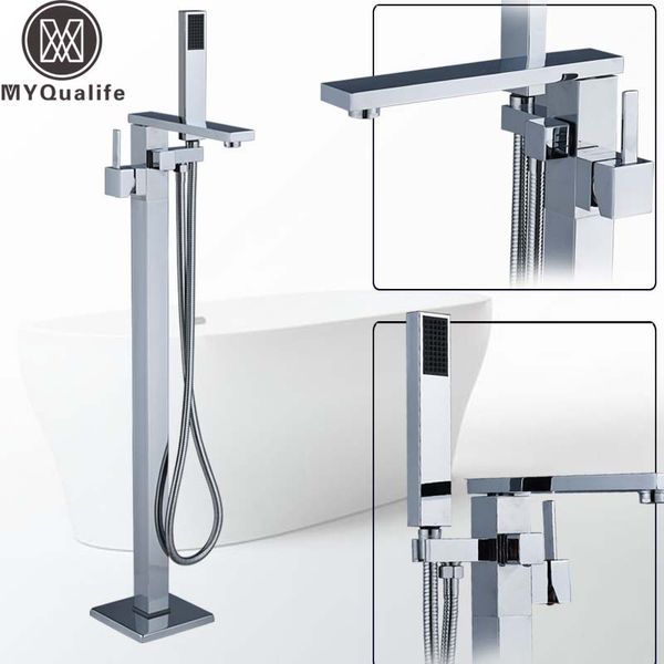 

bright chrome bathtub faucet floor mounted single handle bath shower set standing bathroom tub mixer tap with handshower