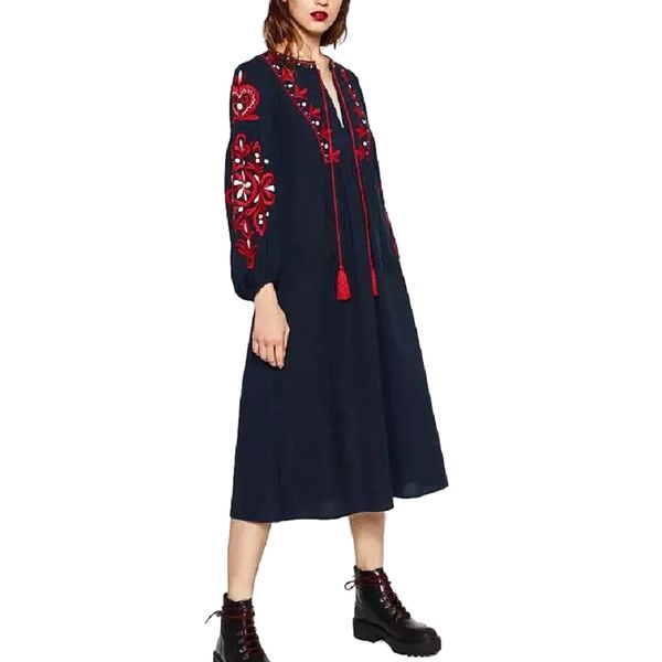 

women vintage floral embroidery dress drawstring tie tassels long sleeve faldas festa casual brand loose retro dresses, White;black