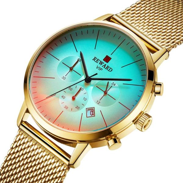 

reward 2020 mens watches fashion mesh stainless steel mirror variable color bright quartz watch men sport watch, Slivery;brown