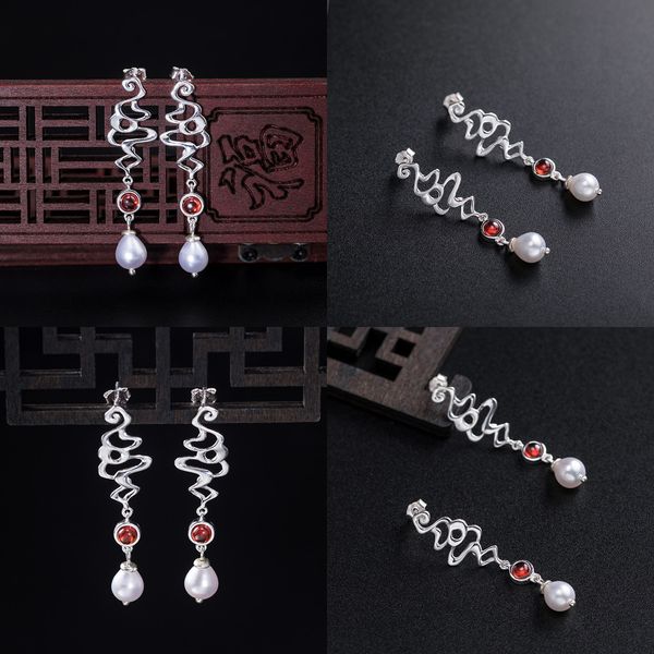 

925 pearl earrings woman long fund temperament silver antique exquisite small eardrop diy auspicious clouds earring pandora charms, Golden
