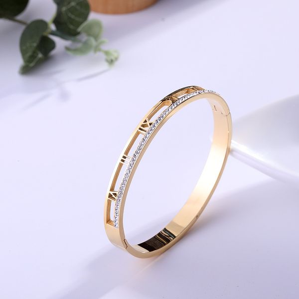 

2019 rose gold roman numerals round bangles women gorgeous zircon stainless steel bangles bracelets pulceras y brazaletes mujer, Black