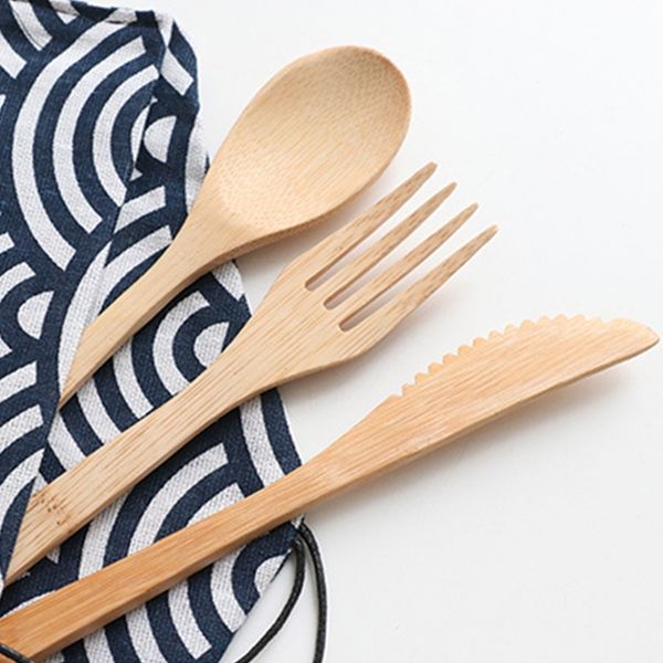 

bamboo cutlery set portable spoon slice fork wooden flatware reusable picnic travel disposable eco-friendly biodegradable outdoor dinnerware