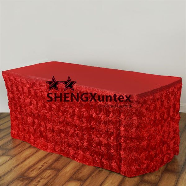 

good looking red color satin rosette table skirt for wedding party decoration