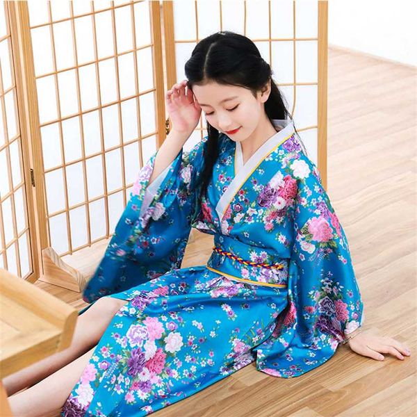 

kids girl japanese traditional kimono yukata bath robes peacock floral print princess party dress haori festival cosplay costume, Red