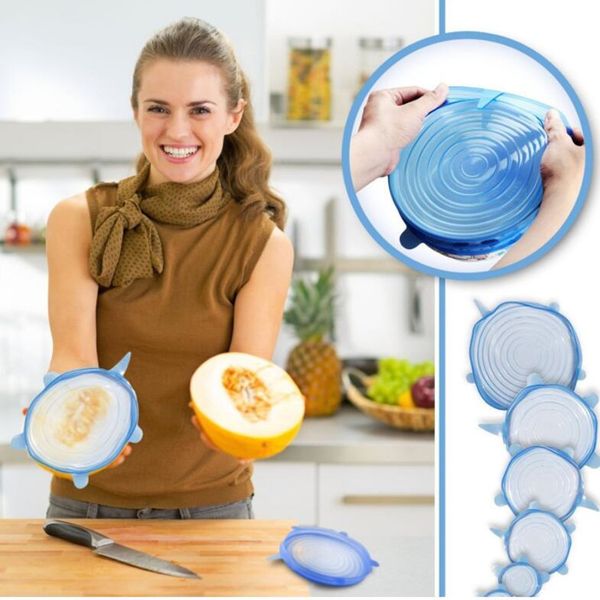 

silicone stretch suction pot lids food grade fresh keeping wrap seal lid pan cover nice kitchen accessories 6pcs/set wy413q