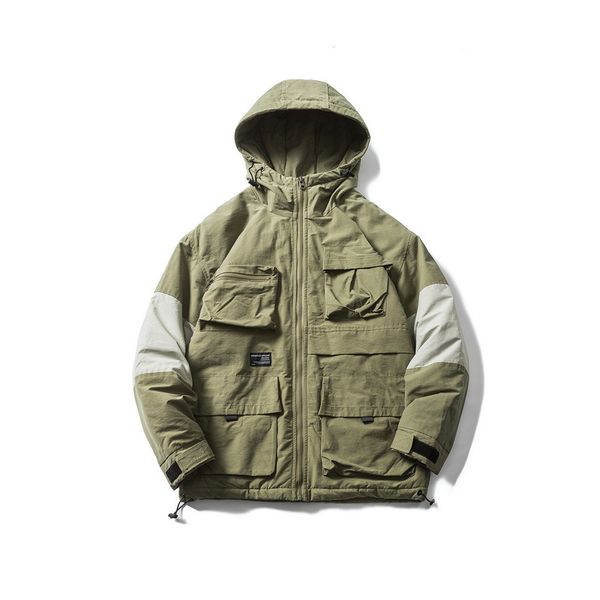 

2019 winter street tide card hit color multi-pocket workwear cotton clothing men loose plus thick hooded cotton clothing men, Black