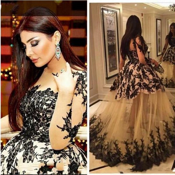 

black and white lace evening dress sheer bodice kim kardashian haifa eman alaj yousef aljasmi long sleeve evening gown ball gown, White;black