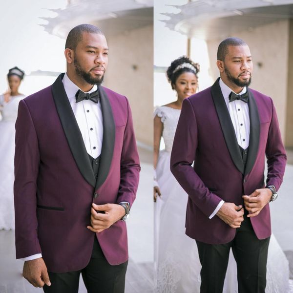Artı boyutu Erkekler Düğün Smokin Takım Elbise Bordo Şal Yaka Bir Düğme Ceket 1 Parça En Iyi Damat Balo Giysiler Giymek
