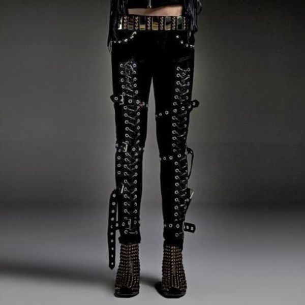 

men's hip hop fashion rave gothic pants visual rock rivet slim fit trousers, Black