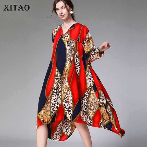 

xitao tide plus size print dress women clothes 2020 fashion new v neck full sleeve cover belly elegant dress casual dmy2936, Black;gray