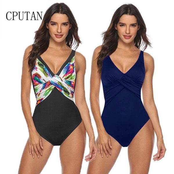 

женщины купальники sexy one piece животика управления купальники 2020 new vintage печати плюс размер bodysuit глубокий v шеи монокини bathin, White;black
