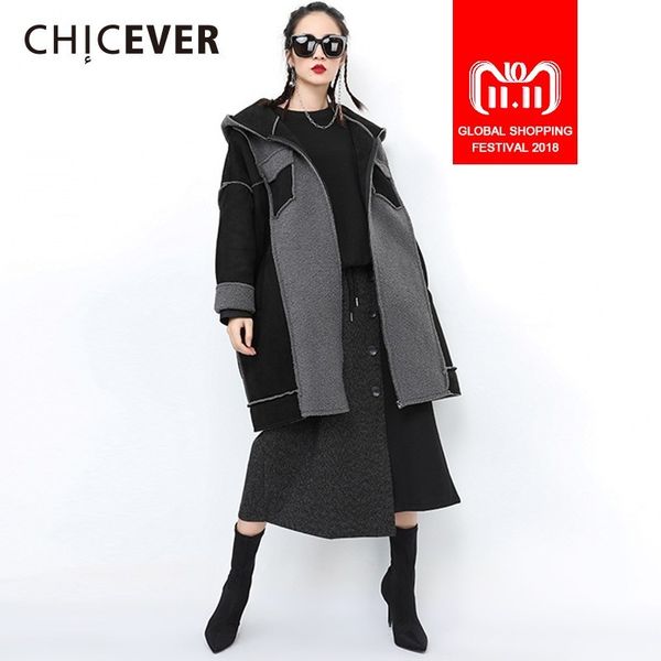 

chicever 2018 winter women's coat female jackets hooded batwing sleeve zipper hit colors oversize coats casual clothes new, Black