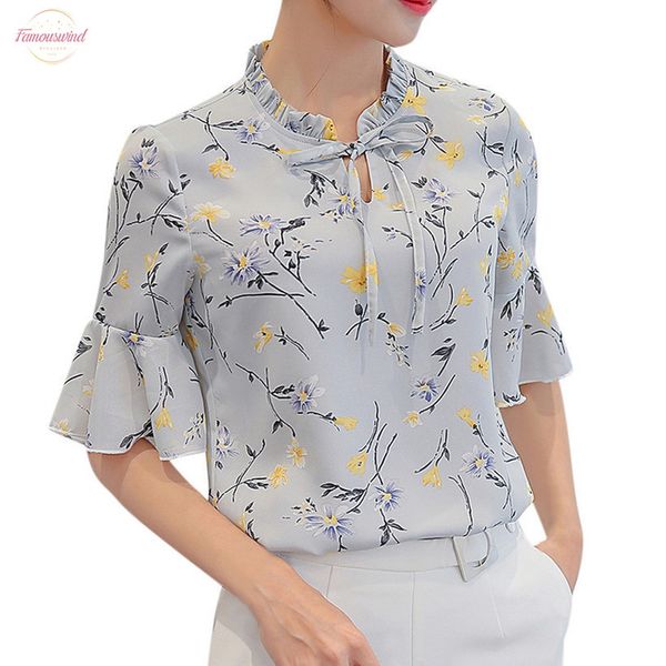 

женщины шифоновая блузка рубашка 2020 летняя работа офис flare рукав галстук бабочка цветочный принт шифоновая футболка для женщины, White