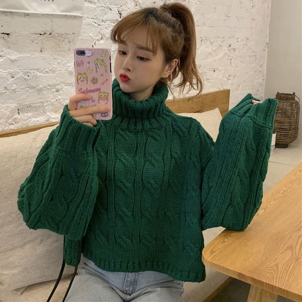 

women's chic korean thickening twist high collar loose warm sweater autumn winter students solid color short turtleneck ml140 t191019, White;black