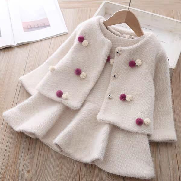 

autumn winter baby girls sweet fair maiden dress cherry coat + skirt 2pcs thicken suit kids baby girl cs, White