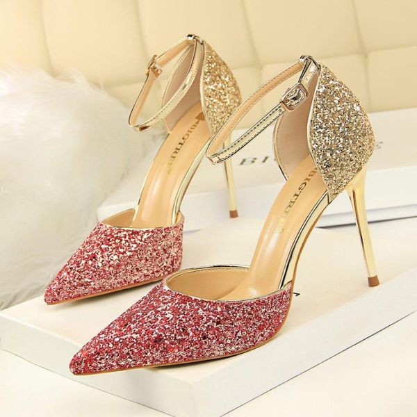 

2019 nightclub shallow party shoes women sequined cloth fashion buckle high heels shoes pointed toe women's sandals bling, Black