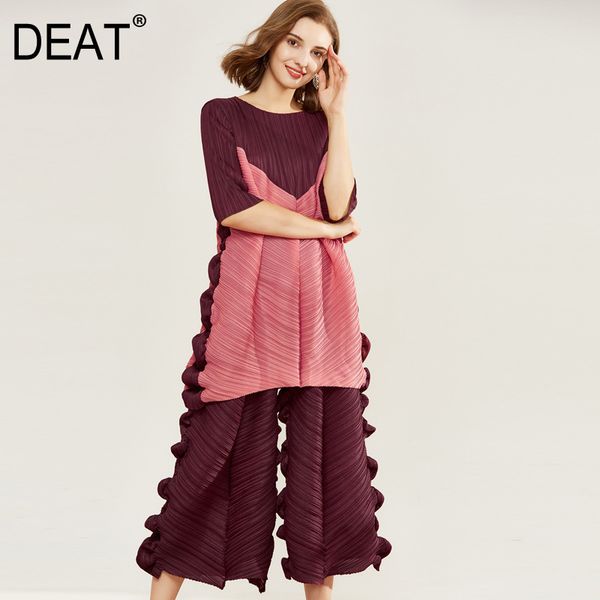 

deat] 2020 spring new pleat women suit lotus leaf clothes color block slim elegant loose mid sleeve elastic ap489, White