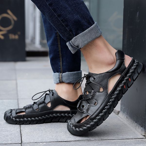 

sandals for men genuine leather outdoor men's sandals breatahble casual beach comfortable summer men fashion rubber shoes t200420, Black